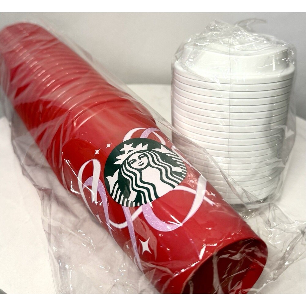 Starbucks 50th Anniversary Reusable Red Cups NEW SEALED Sleeve of 20 with Lids